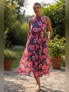 Ann Taylor Pink Floral Halter Neck Midi Dress